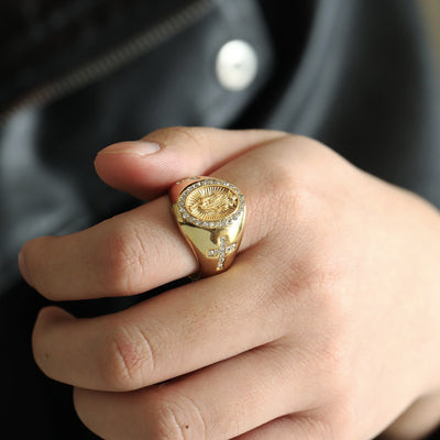 Christianartworkshop Virgin Mary Stainless Steel Ring Cross Sign Catholic Rings for Religious Jewelry