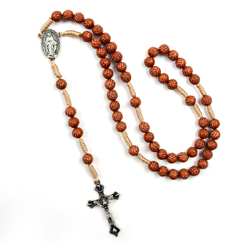 Christianartworkshop Handmade Rose-Shaped Wooden Bead Rosary: Miraculous Medal & Crucifix