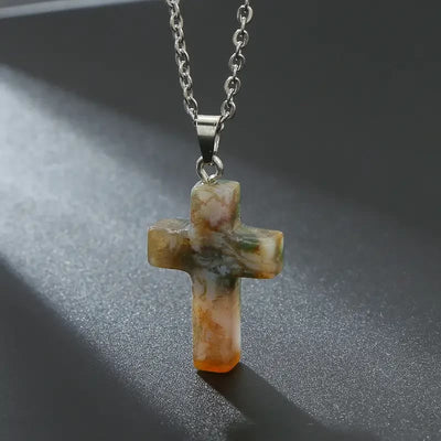 Christianartworkshop Natural Stone Cross Gemstone Pendant Necklace
