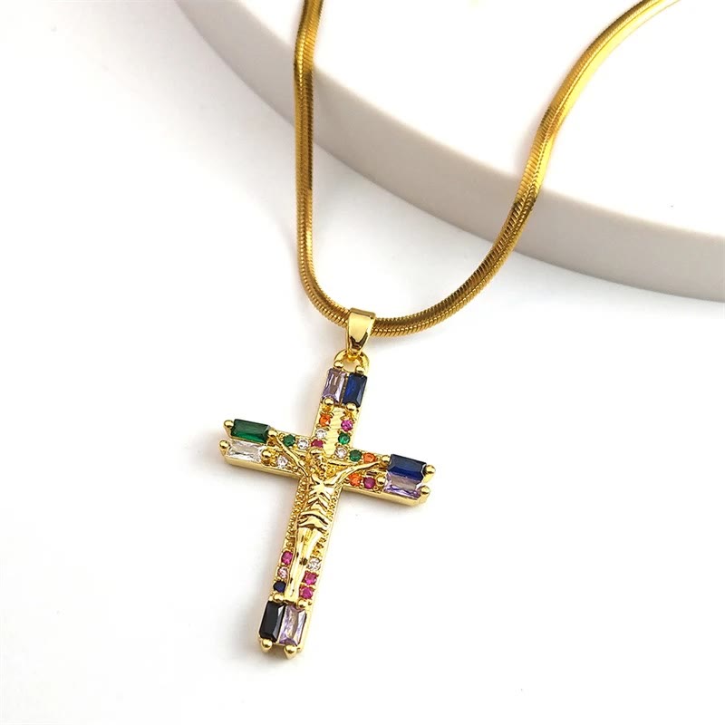 Christianartworkshop Retro Bohemian Style Colored Zirconia Cross Titanium Steel Necklace
