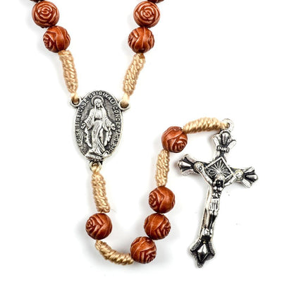 Christianartworkshop Handmade Rose-Shaped Wooden Bead Rosary: Miraculous Medal & Crucifix