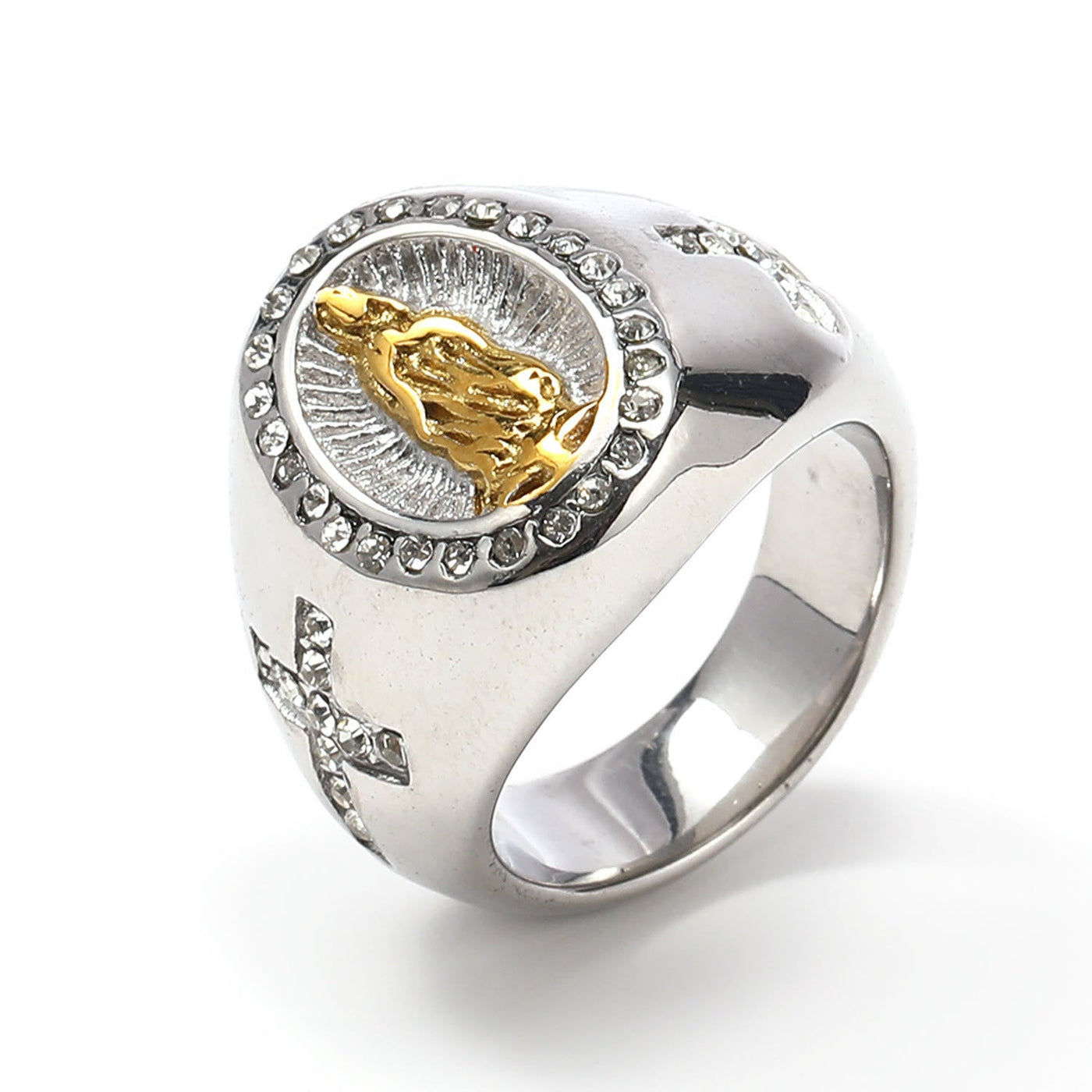 Christianartworkshop Virgin Mary Stainless Steel Ring Cross Sign Catholic Rings for Religious Jewelry