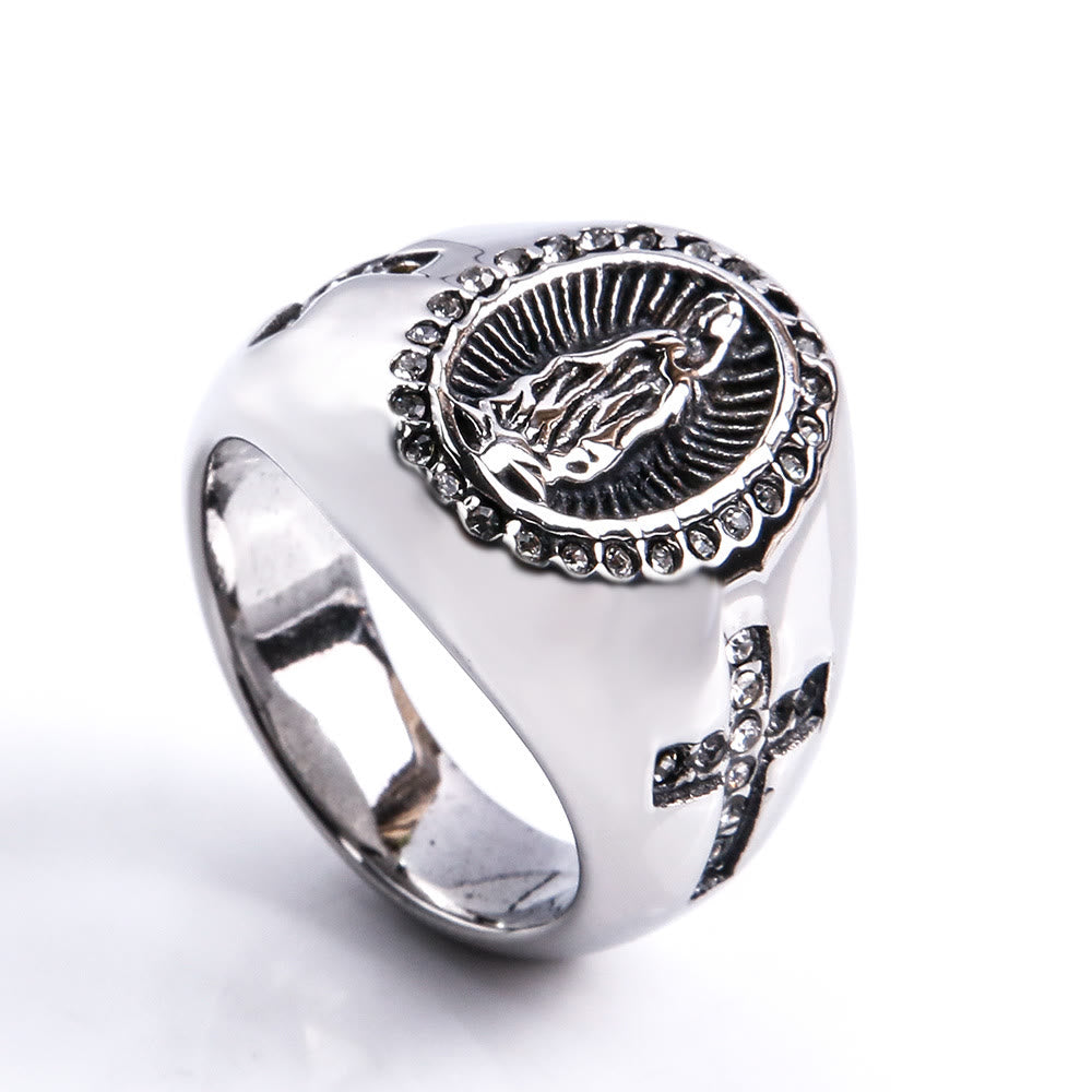 Christianartworkshop Virgin Mary Stainless Steel Ring Cross Sign Catholic Rings for Religious Jewelry