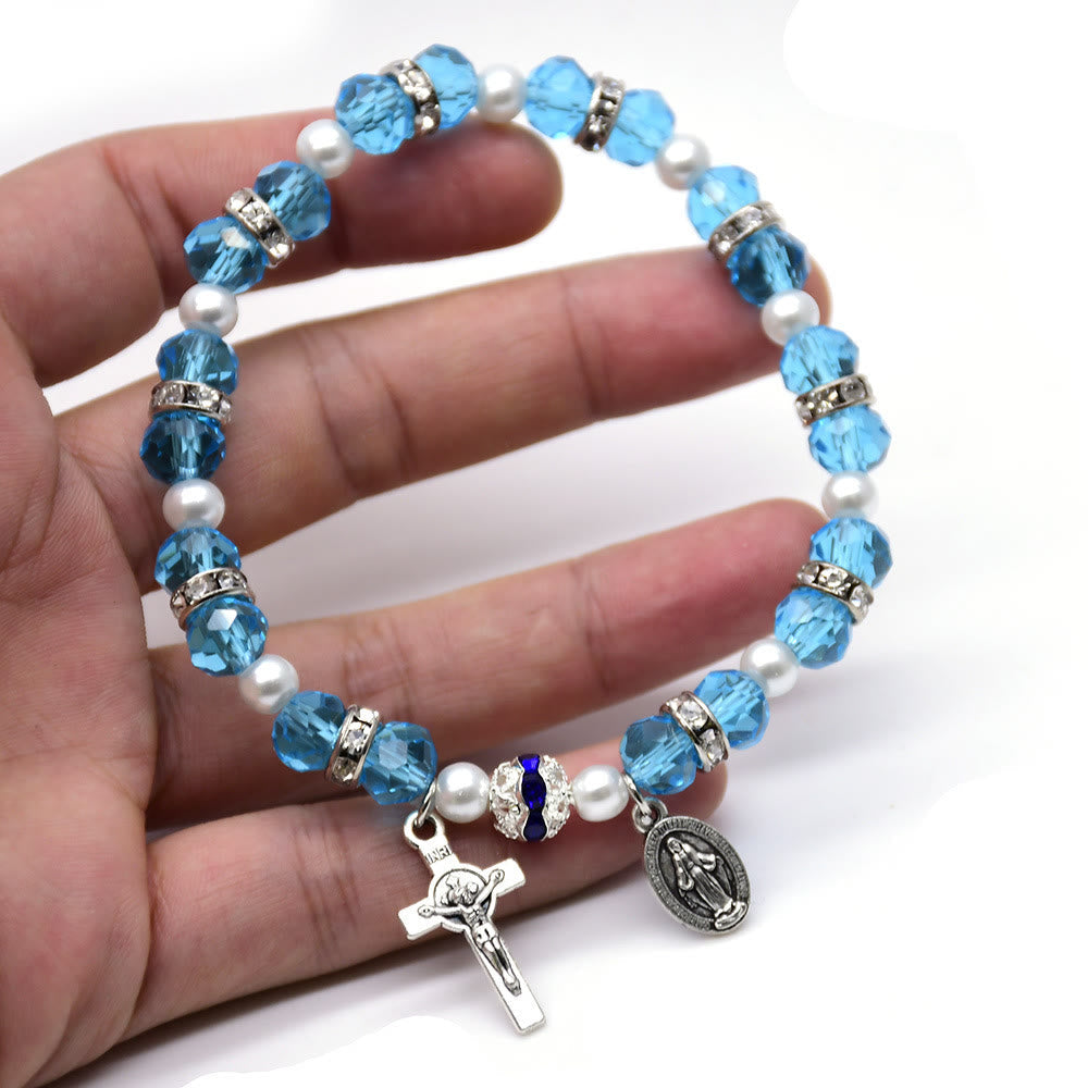 Christianartworkshop Crystal Beads Stretch Bracelet with Crucifix and Miraculous Medal