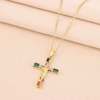 Christianartworkshop Retro Bohemian Style Colored Zirconia Cross Titanium Steel Necklace