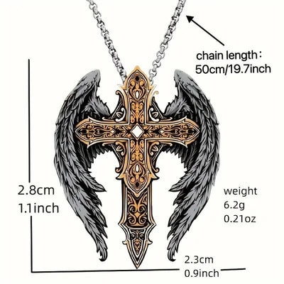 Christianartworkshop Heavy Style Protection Wings & Crafted Cross Alloy Necklace