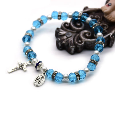 Christianartworkshop Crystal Beads Stretch Bracelet with Crucifix and Miraculous Medal