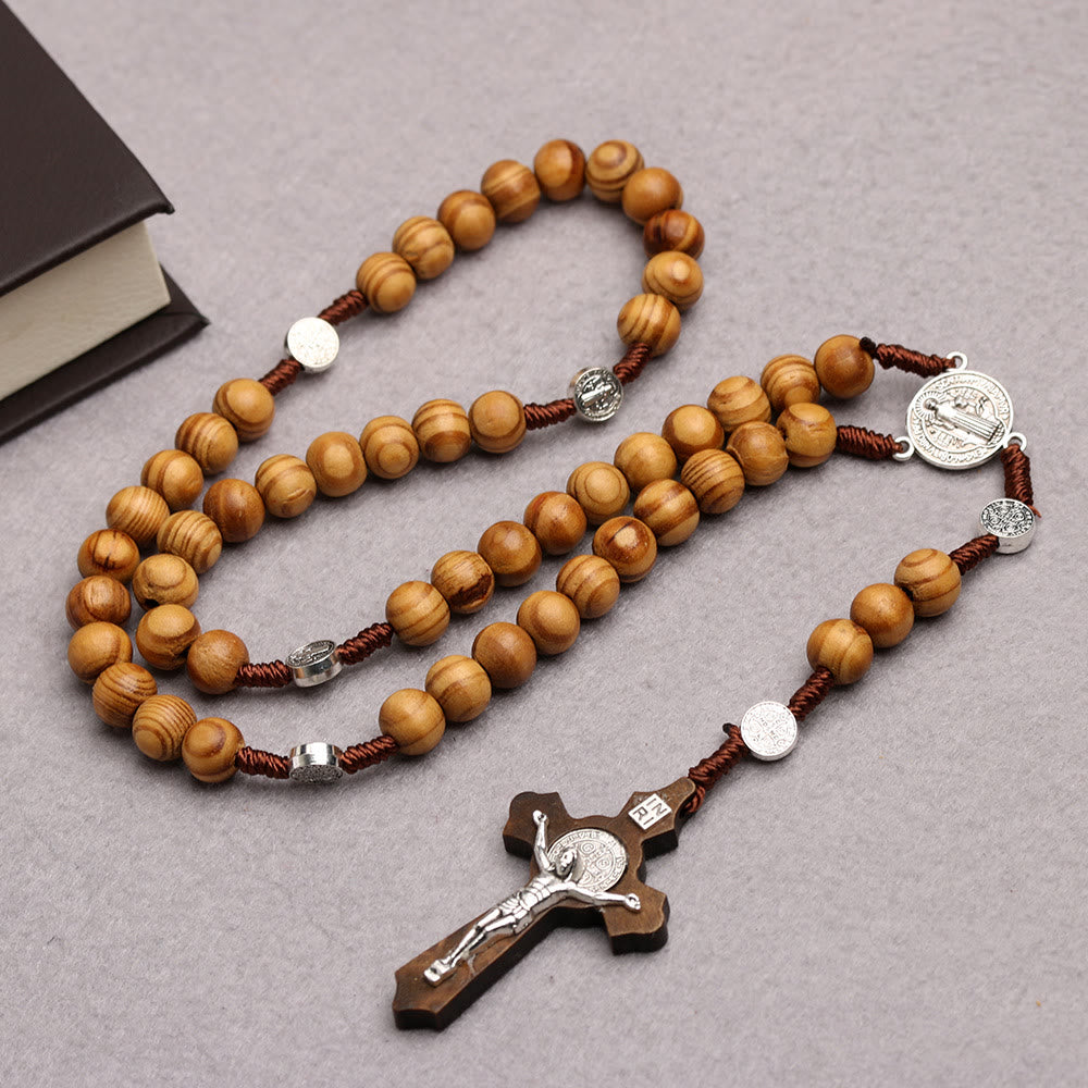 Olive Wood Saint Benedict Bead Rosary and Cross