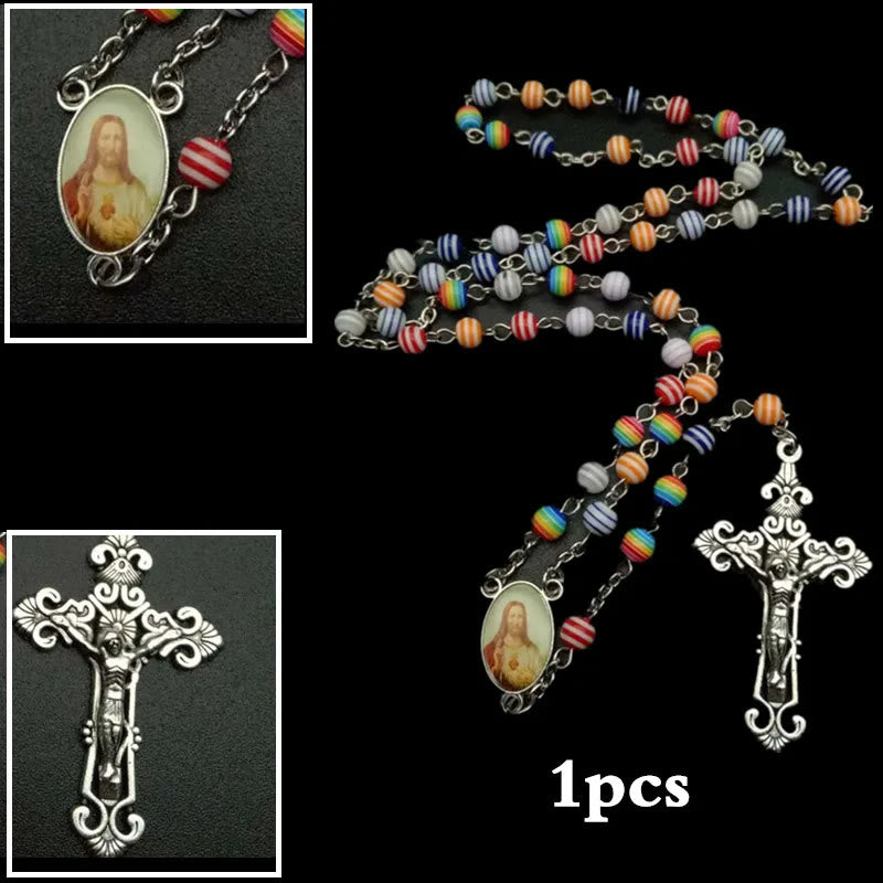 Resin Beads Crucifix Rainbow Mixed Color Rosary