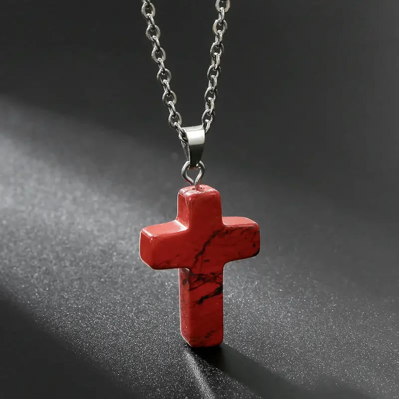 Christianartworkshop Natural Stone Cross Gemstone Pendant Necklace