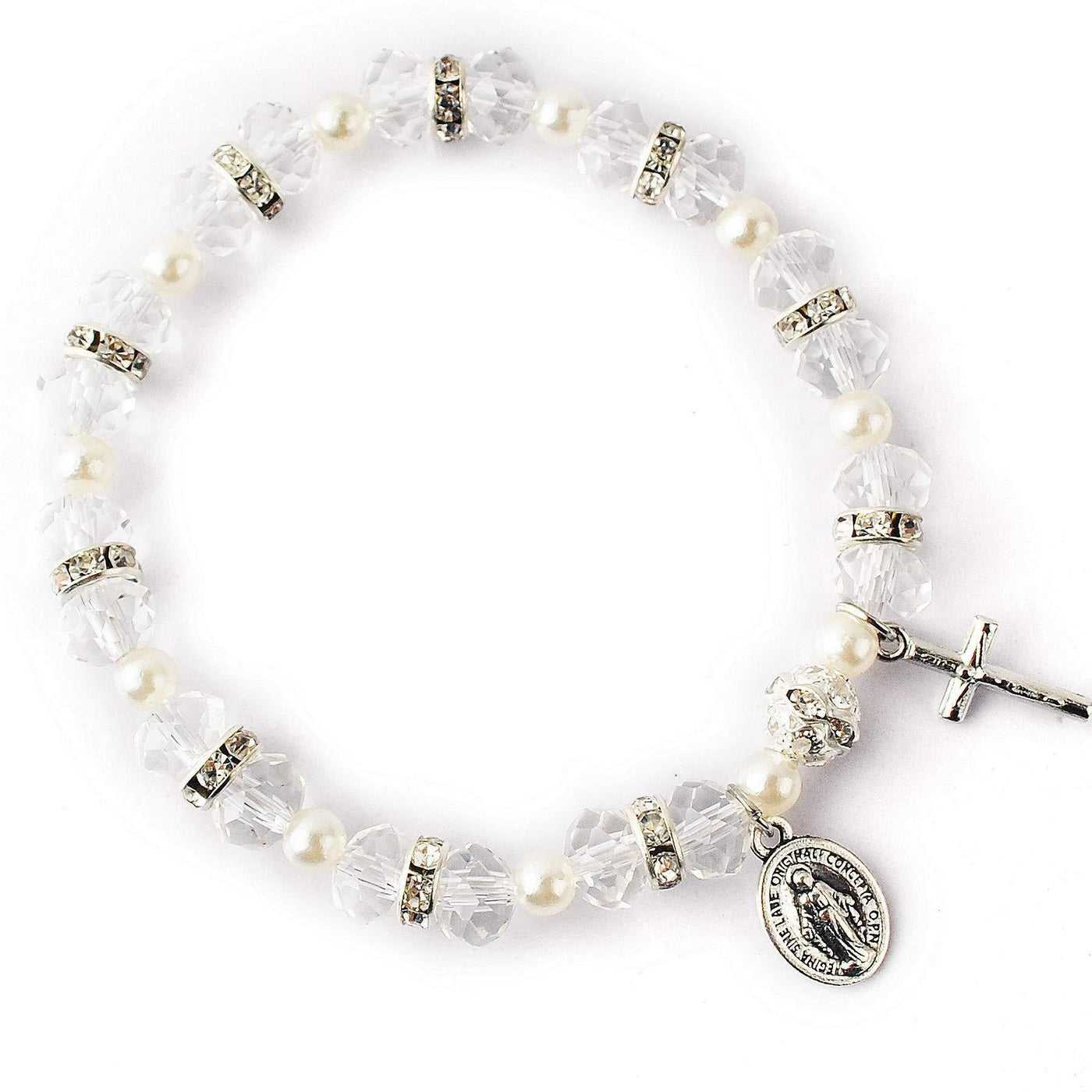 Christianartworkshop Crystal Beads Stretch Bracelet with Crucifix and Miraculous Medal