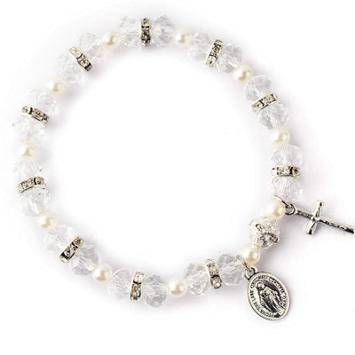 Christianartworkshop Crystal Beads Stretch Bracelet with Crucifix and Miraculous Medal