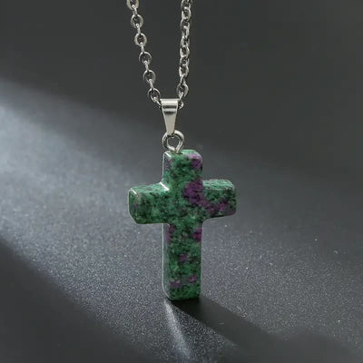 Christianartworkshop Natural Stone Cross Gemstone Pendant Necklace