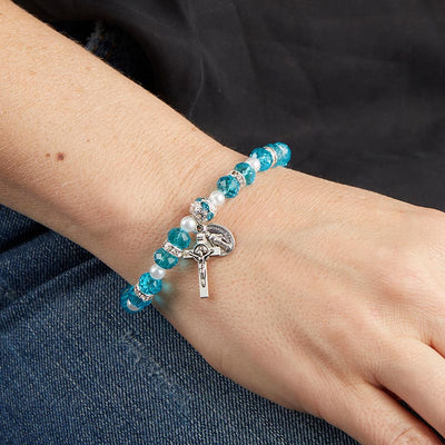 Christianartworkshop Crystal Beads Stretch Bracelet with Crucifix and Miraculous Medal