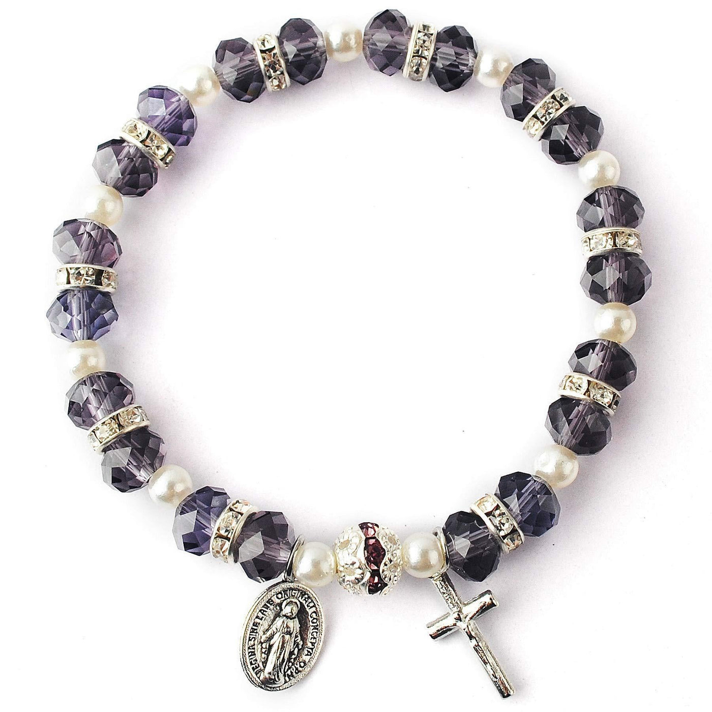 Christianartworkshop Crystal Beads Stretch Bracelet with Crucifix and Miraculous Medal