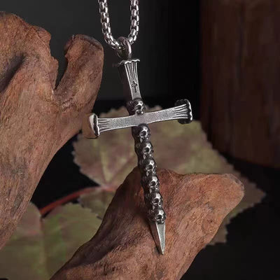 Christianartworkshop Titanium Steel Skull Nail Cross Pendant Necklace