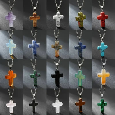 Christianartworkshop Natural Stone Cross Gemstone Pendant Necklace